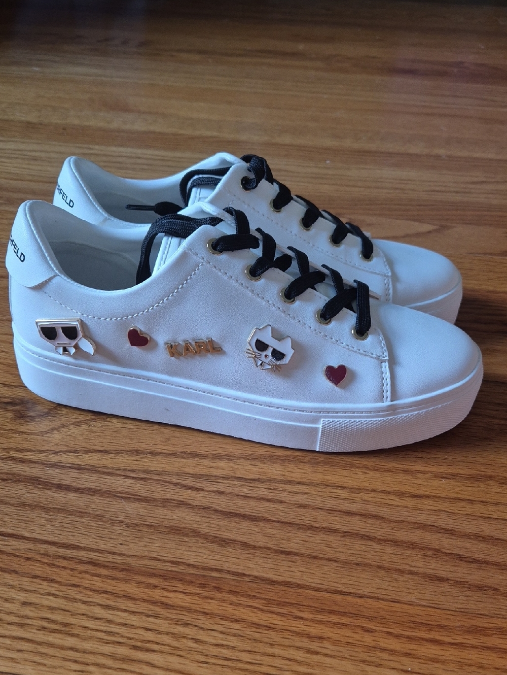 Karl Lagerfeld Women's White Sneakers with Black Laces and Decorative CharmsNWOB